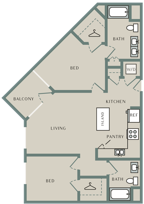 Floor plan for 2 beds, 2 baths, 1030 sqft